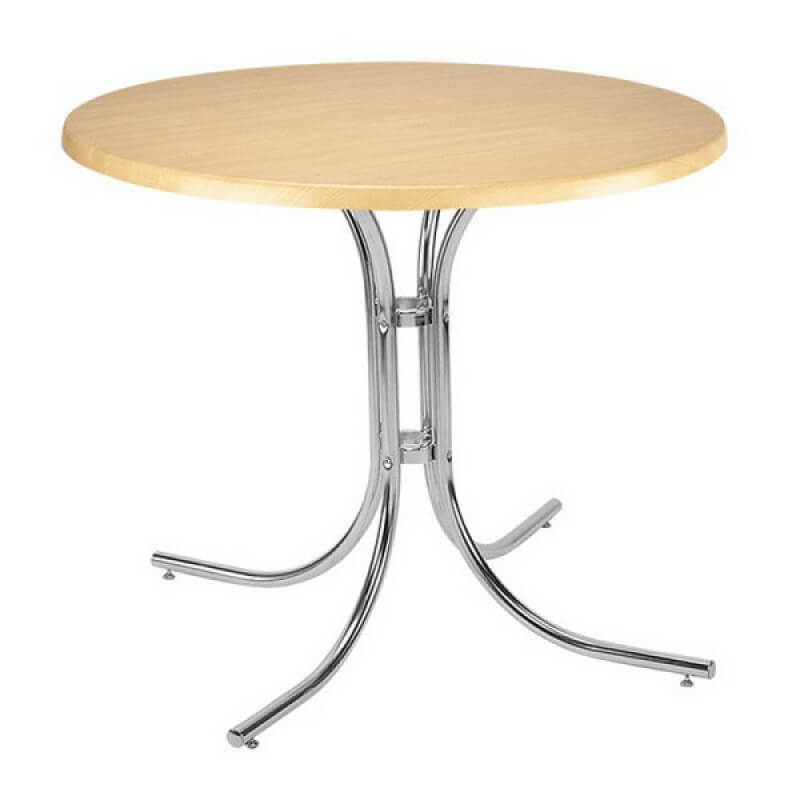 Apvalus stalas Sinia ant tvirtos metalinės kojos.