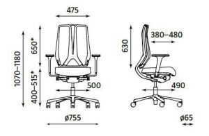 Ergonominė kėdė Denuo- matmenys.