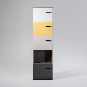 Cabinets Puzlo: horizontal or vertical handles available in five colours.